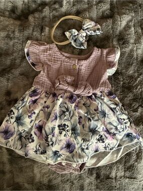 Baby Girl Size 80 Mauve Purple Floral Romper Dress Headband